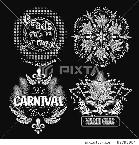 Set of 4 black and white labels with text for carnival Mardi Gras decoration in vintage style on black background. For prints, clothing, t shirt, holiday goods, stuff, surface design. 98795994