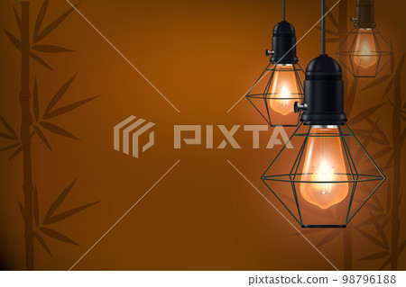 Realistic advertising banner vector template. Vintage incandescent lamps with heated filament in black metal trellis cage hanging from above illustration on bamboo shade background. Realistic advertising banner vector template. Vintage incandescent lamps with heated filament in black metal trellis cage hanging from above illustration on bamboo shade background. 98796188