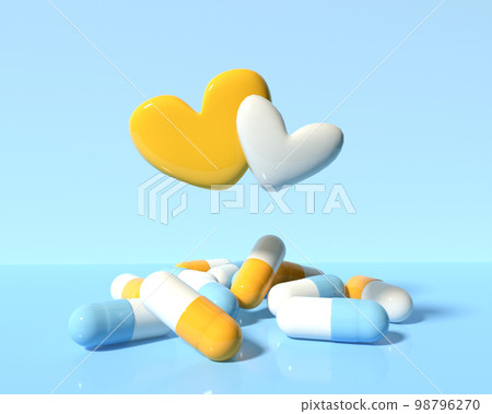Pharmaceutical medicine capsules with hearts - Healthcare theme - 3D 98796270