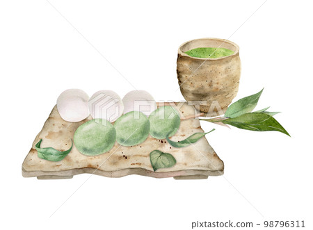 Watercolor hand drawn traditional Japanese sweets. Ceramic dish, wagashi with tea and leaves. Isolated on white background. Design for invitations, restaurant menu, greeting cards, print, textile Watercolor hand drawn traditional Japanese sweets. Ceramic dish, wagashi with tea and leaves. Isolated on white background. Design for invitations, restaurant menu, greeting cards, print, textile 98796311