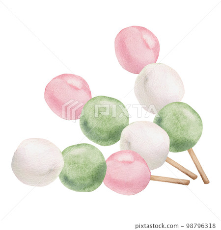 Watercolor hand drawn traditional Japanese sweets. Three color dango, pink, white and green. Isolated on white background. Design for invitations, restaurant menu, greeting cards, print, textile 98796318