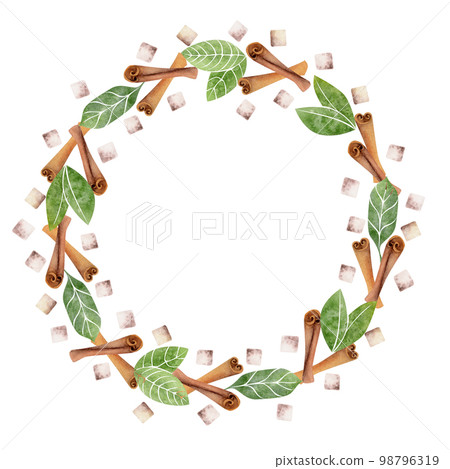 Watercolor hand drawn circle frame wreath with coffee leaves, beans, sugar cubes, cinnamon stick spice. Isolated on white background. For invitations, cafe, restaurant food menu, print, website, cards Watercolor hand drawn circle frame wreath with coffee leaves, beans, sugar cubes, cinnamon stick spice. Isolated on white background. For invitations, cafe, restaurant food menu, print, website, cards 98796319