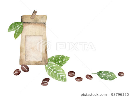 Watercolor hand drawn composition with coffee paper and jute bags, beans, leaves, cinnamon spices. Isolated on white background. For invitations, cafe, restaurant food menu, print, website, cards Watercolor hand drawn composition with coffee paper and jute bags, beans, leaves, cinnamon spices. Isolated on white background. For invitations, cafe, restaurant food menu, print, website, cards 98796320