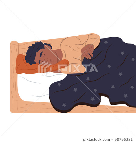 National Bed Month. A person lies under a blanket, sleeps and dreams in bed. Sleeping lonely man, bedtime concept. Vector flat illustration isolated on white. National Bed Month. A person lies under a blanket, sleeps and dreams in bed. Sleeping lonely man, bedtime concept. Vector flat illustration isolated on white. 98796381