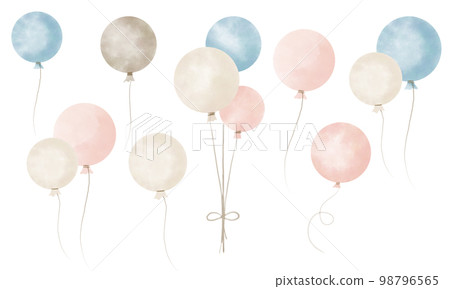 Set of watercolor air Balloons in cute pastel blue and pink colors on isolated background. Hand drawn illustration with ballons for happy birthday kid party. Drawing for greeting cards or invitations. Set of watercolor air Balloons in cute pastel blue and pink colors on isolated background. Hand drawn illustration with ballons for happy birthday kid party. Drawing for greeting cards or invitations. 98796565