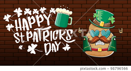 Happy saint patricks day greeting horizontal banner with funky leprechaun rock star potato character with green particks hat, beer and text isolated on brick background. vegetable funky character Happy saint patricks day greeting horizontal banner with funky leprechaun rock star potato character with green particks hat, beer and text isolated on brick background. vegetable funky character 98796566