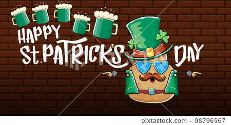 Happy saint patricks day greeting horizontal banner with funky leprechaun rock star potato character with green particks hat, beer and text isolated on brick background. vegetable funky character Happy saint patricks day greeting horizontal banner with funky leprechaun rock star potato character with green particks hat, beer and text isolated on brick background. vegetable funky character 98796567