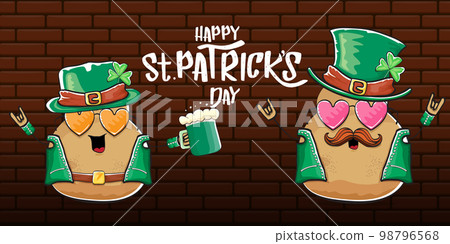 Happy saint patricks day greeting horizontal banner with funky leprechaun rock star potato character with green particks hat, beer and text isolated on brick background. vegetable funky character Happy saint patricks day greeting horizontal banner with funky leprechaun rock star potato character with green particks hat, beer and text isolated on brick background. vegetable funky character 98796568