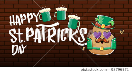 Happy saint patricks day greeting horizontal banner with funky leprechaun rock star potato character with green particks hat, beer and text isolated on brick background. vegetable funky character 98796571