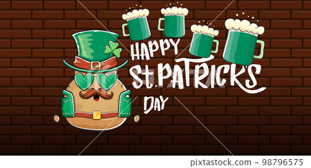 Happy saint patricks day greeting horizontal banner with funky leprechaun rock star potato character with green particks hat, beer and text isolated on brick background. vegetable funky character Happy saint patricks day greeting horizontal banner with funky leprechaun rock star potato character with green particks hat, beer and text isolated on brick background. vegetable funky character 98796575