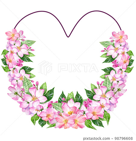 Apple Blossom In Heart Shape. Watercolor Illustration Ideal for Wedding Projects 98796608
