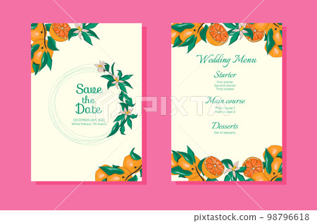 Set of wedding invitation cards with bright oranges, flowers and leaves template design Set of wedding invitation cards with bright oranges, flowers and leaves template design 98796618