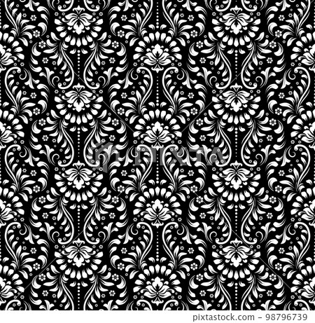 Wallpaper in the style of Baroque. Seamless vector background. White and black floral ornament. Graphic pattern for fabric, wallpaper, packaging. Ornate Damask flower ornament 98796739