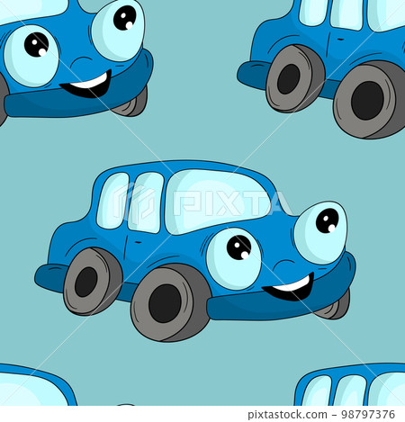 Seamless pattern with cute car on color background. Cartoot transport. Vector illustration. Doodle style. Design for baby print, invitation, poster, card, fabric, textile 98797376