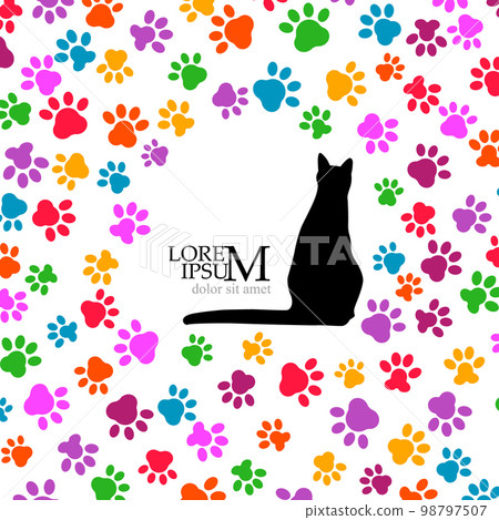 colored footprints of animals. Frame and silhouette of a cat. Vector illustration. World wildlife day 98797507