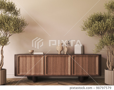 Modern interior of living room with cabinet for tv on cream color wall background. 3d rendering. High quality 3d illustration 98797579