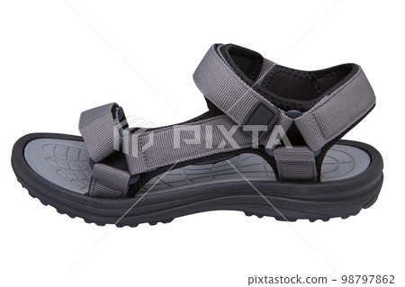 Men's gray summer sandals with straps, on a white background Men's gray summer sandals with straps, on a white background 98797862
