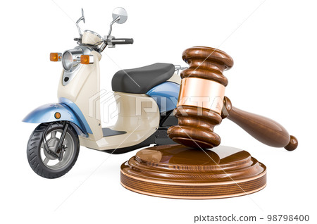 Motor scooter, moped with wooden gavel, 3D rendering Motor scooter, moped with wooden gavel, 3D rendering 98798400