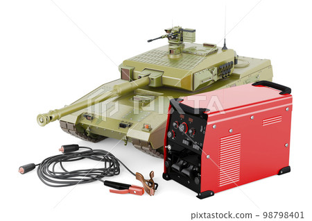 Multi-process welder machine with battle tank, repair concept. 3D rendering 98798401