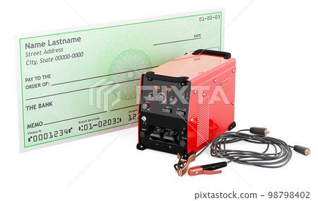 Multi-process welder machine with blank bank check. 3D rendering Multi-process welder machine with blank bank check. 3D rendering 98798402