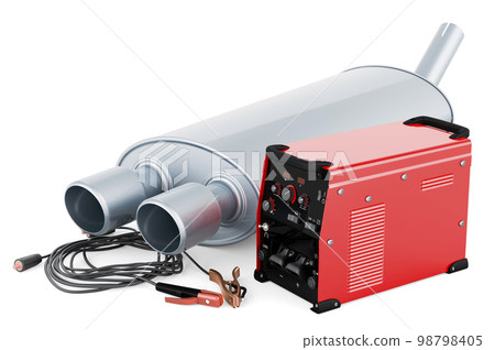 Multi-process welder machine with car exhaust pipe, repair concept. 3D rendering Multi-process welder machine with car exhaust pipe, repair concept. 3D rendering 98798405