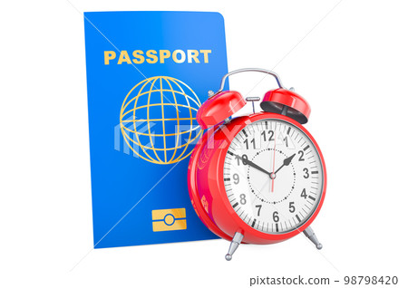 Passport with alarm clock. Passport processing times, concept, 3D rendering Passport with alarm clock. Passport processing times, concept, 3D rendering 98798420