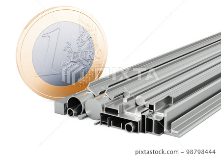 Rolled Metal Products with euro coin, 3D rendering 98798444