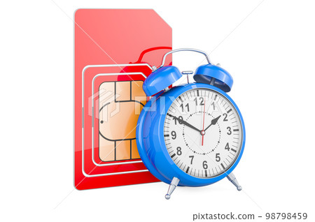 Sim card with alarm clock, 3D rendering Sim card with alarm clock, 3D rendering 98798459