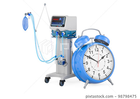 Ventilator for artificial ventilation, ICU with alarm clock. 3D rendering 98798475