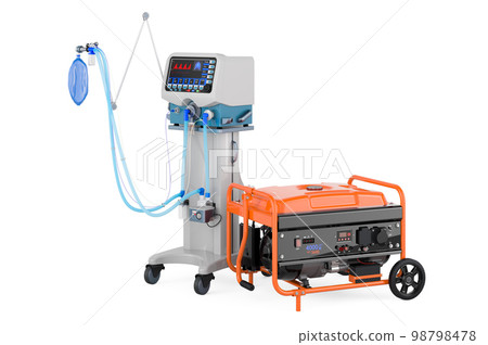 Ventilator for artificial ventilation, ICU with gasoline generator. 3D rendering 98798478