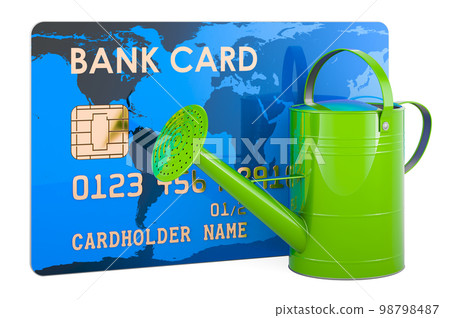 Watering can with payment card, 3D rendering Watering can with payment card, 3D rendering 98798487