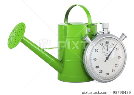 Watering can with stopwatch, 3D rendering Watering can with stopwatch, 3D rendering 98798489