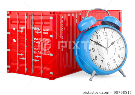 Cargo container with alarm clock. Fast delivery concept, 3D rendering Cargo container with alarm clock. Fast delivery concept, 3D rendering 98798515
