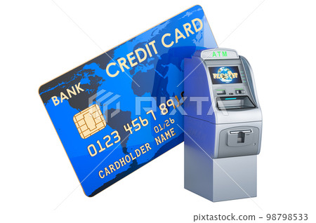 Credit card with ATM, automated teller machine, 3D rendering Credit card with ATM, automated teller machine, 3D rendering 98798533
