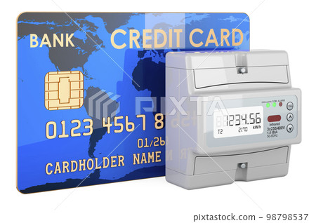 Credit card with electric meter, 3D rendering 98798537