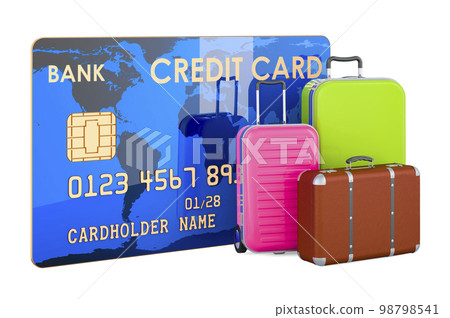 Credit card with suitcase, 3D rendering Credit card with suitcase, 3D rendering 98798541
