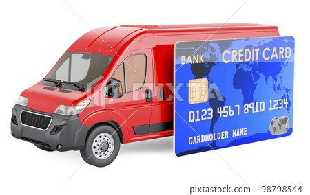 Delivery van with credit card, 3D rendering Delivery van with credit card, 3D rendering 98798544