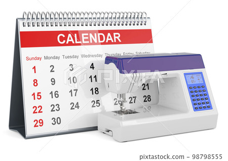 Desk calendar with sewing machine, 3D rendering Desk calendar with sewing machine, 3D rendering 98798555