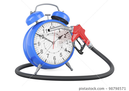 Fuel pump nozzle with alarm clock, 3D rendering 98798571