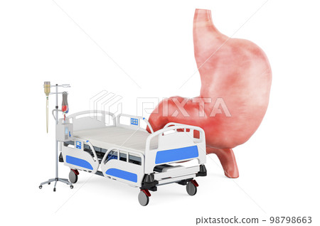 Human stomach with hospital bed. Treatment and medicines for stomach disease concept, 3D rendering 98798663