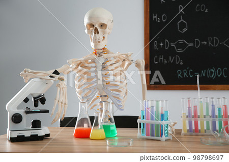 Skeleton and different chemistry glassware in classroom 98798697