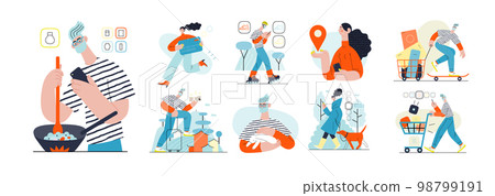 Online shopping and electronic commerce illustrations set - modern flat vector concept illustration of people and objects on online shopping. Promotion, discounts, sale and online orders concept 98799191