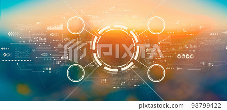 Tech circle with blurred city at sunset or sunrise 98799422