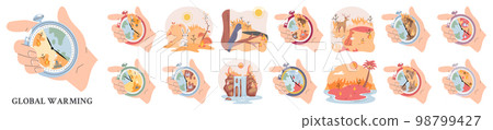 Global warming concepts set, stopwatch with burning planet in hand. Remainder of life on planet Global warming concepts set, stopwatch with burning planet in hand. Remainder of life on planet 98799427