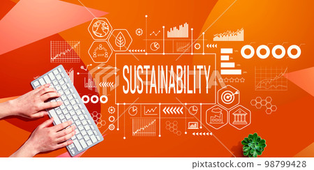 Sustainability theme with person using computer keyboard 98799428