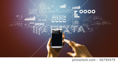 Code theme with hand pressing a button 98799479