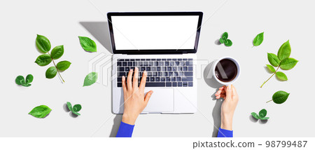 Person using a laptop computer with green leaves Person using a laptop computer with green leaves 98799487