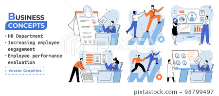 Business concepts HR department, increasing employee engagement, worker performance evaluation Business concepts HR department, increasing employee engagement, worker performance evaluation 98799497