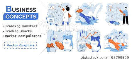 Stock market manipulation. Characters analyzing stock market data to control financial graphic chart 98799539