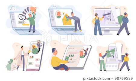 Hacker activity big set. Hacking computer. Phishing account, cyber attack on personal data Hacker activity big set. Hacking computer. Phishing account, cyber attack on personal data 98799559